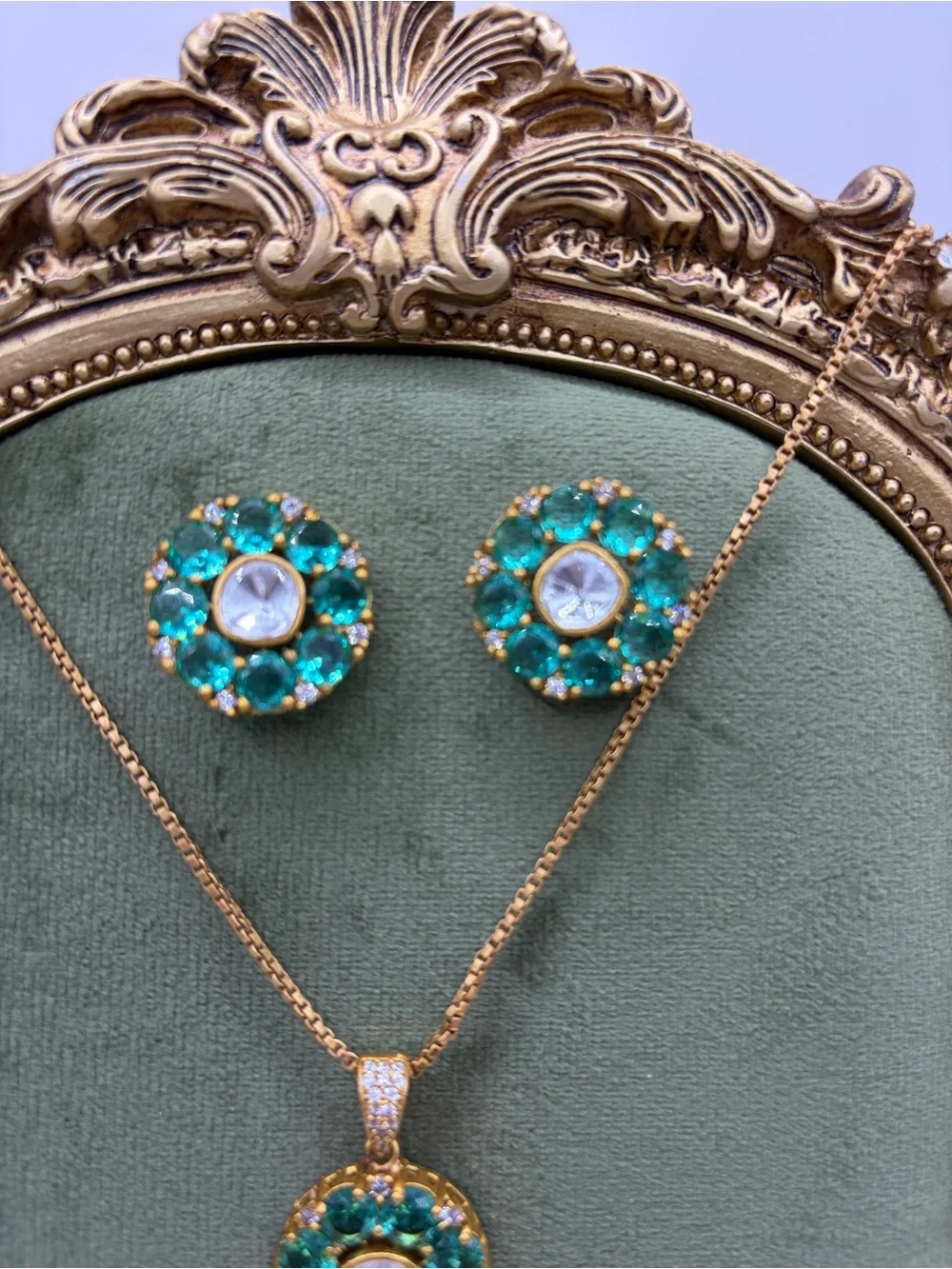 Gold-Tone Crystal Necklace Set with Emerald Green - Sapphire Blue Doublet Stone